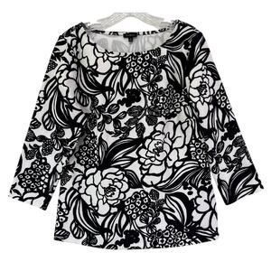 Talbots Textured Ribbed Knit Boat Neck Black White Floral Top Size M 3/4 Sleeves